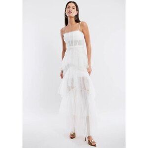 BCBGMAXAZRIA Oly Tiered Ruffle Tulle Evening Gown Gardenia Womens Size 14